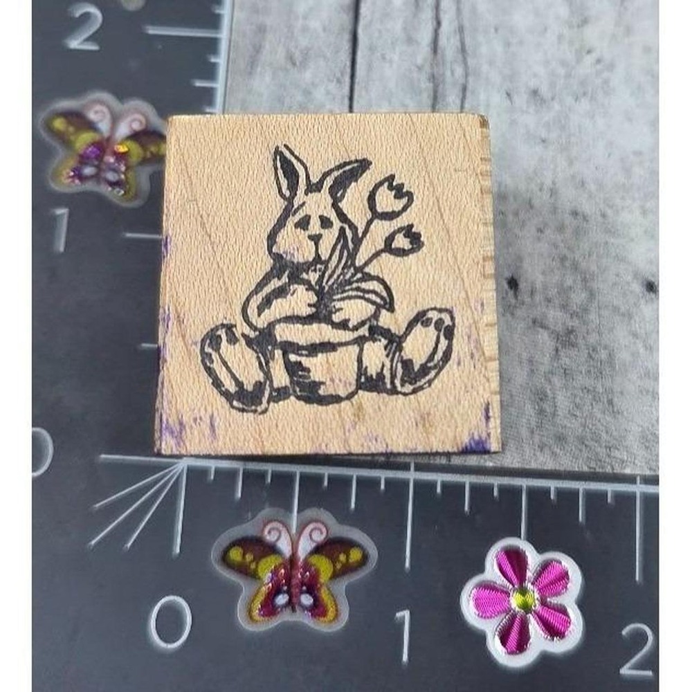 Judith Bunny Holding Flower Pot Tulips Rabbit 1991 Rubber Stamp Wood #S12
